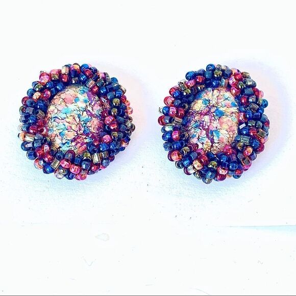 European glass Confetti earrings with multi color glass beads frame pierced - Picture 5 of 14